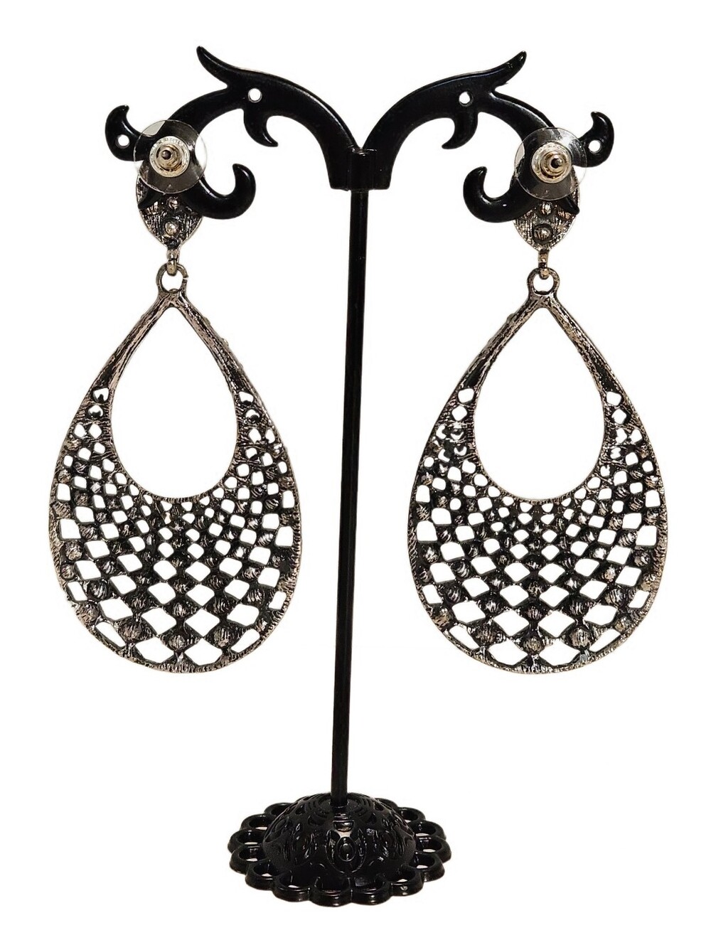 Silver Tone Multicolor Rhinestone Teardrop Statement Earrings - Picture 2 of 6
